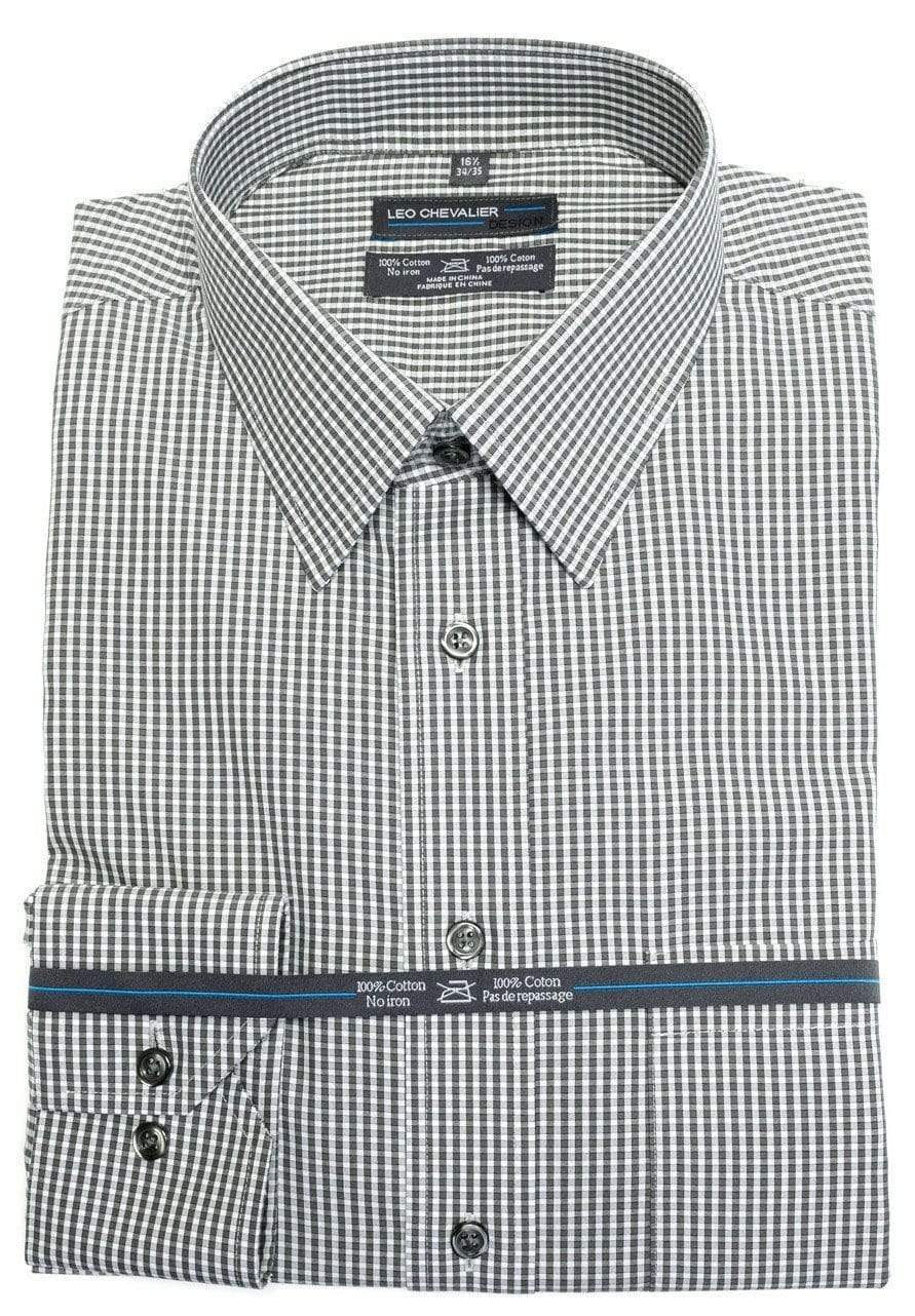Leo Chevalier Design Contemporary Fit Leo Chevalier Grey Check Cotton Non Iron Long Sleeve Dress Shirts