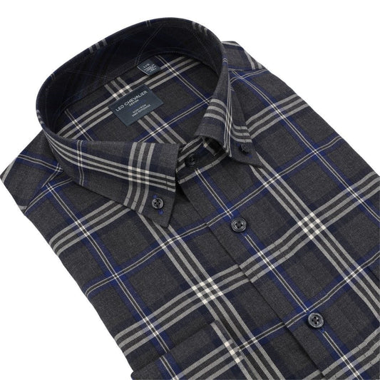 Leo Chevalier Design Grey Check Men's Long Sleeve Casual Button Down Regular Fit Shirt