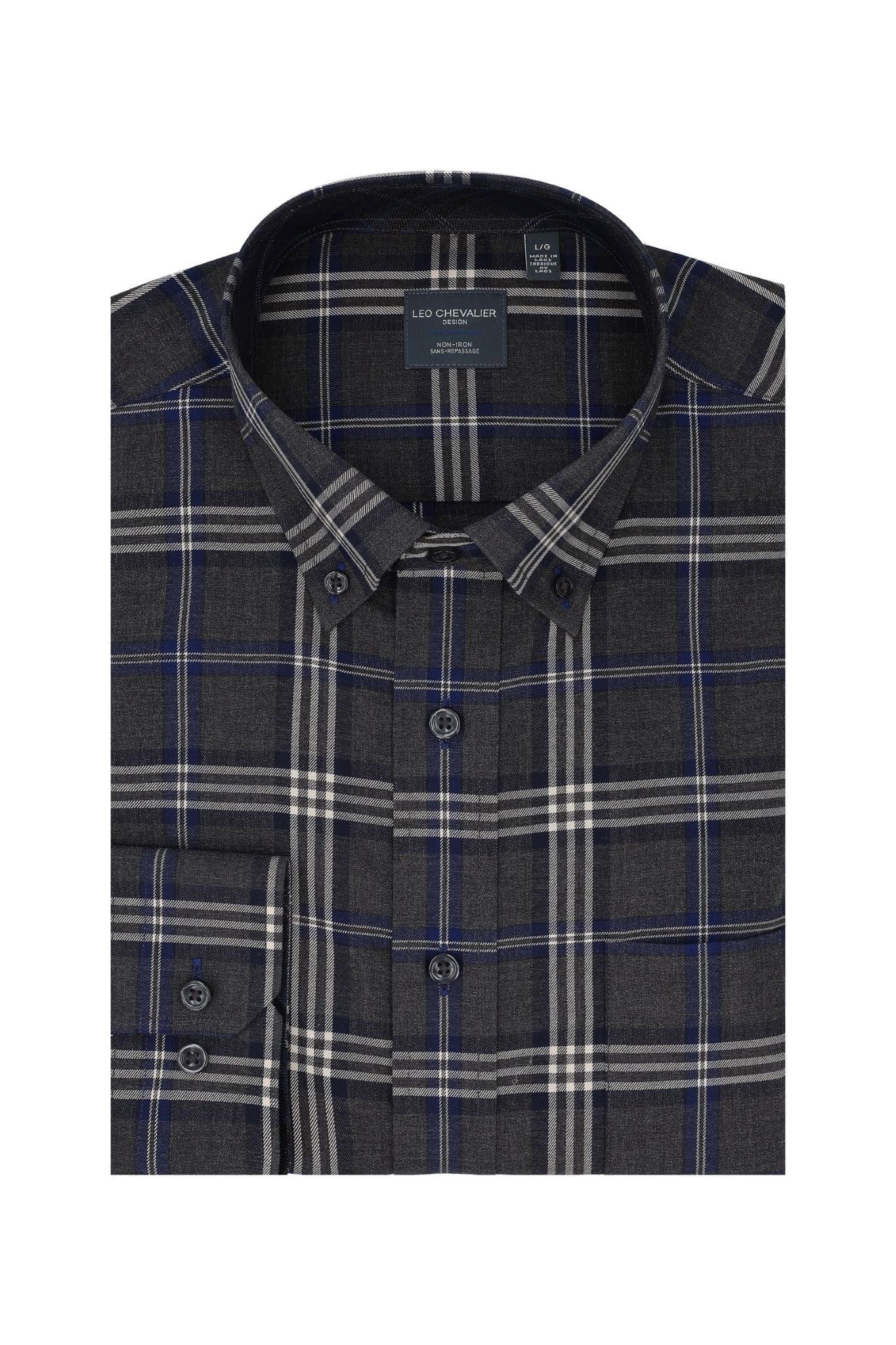 Leo Chevalier Design Grey Check Men's Long Sleeve Casual Button Down Regular Fit Shirt