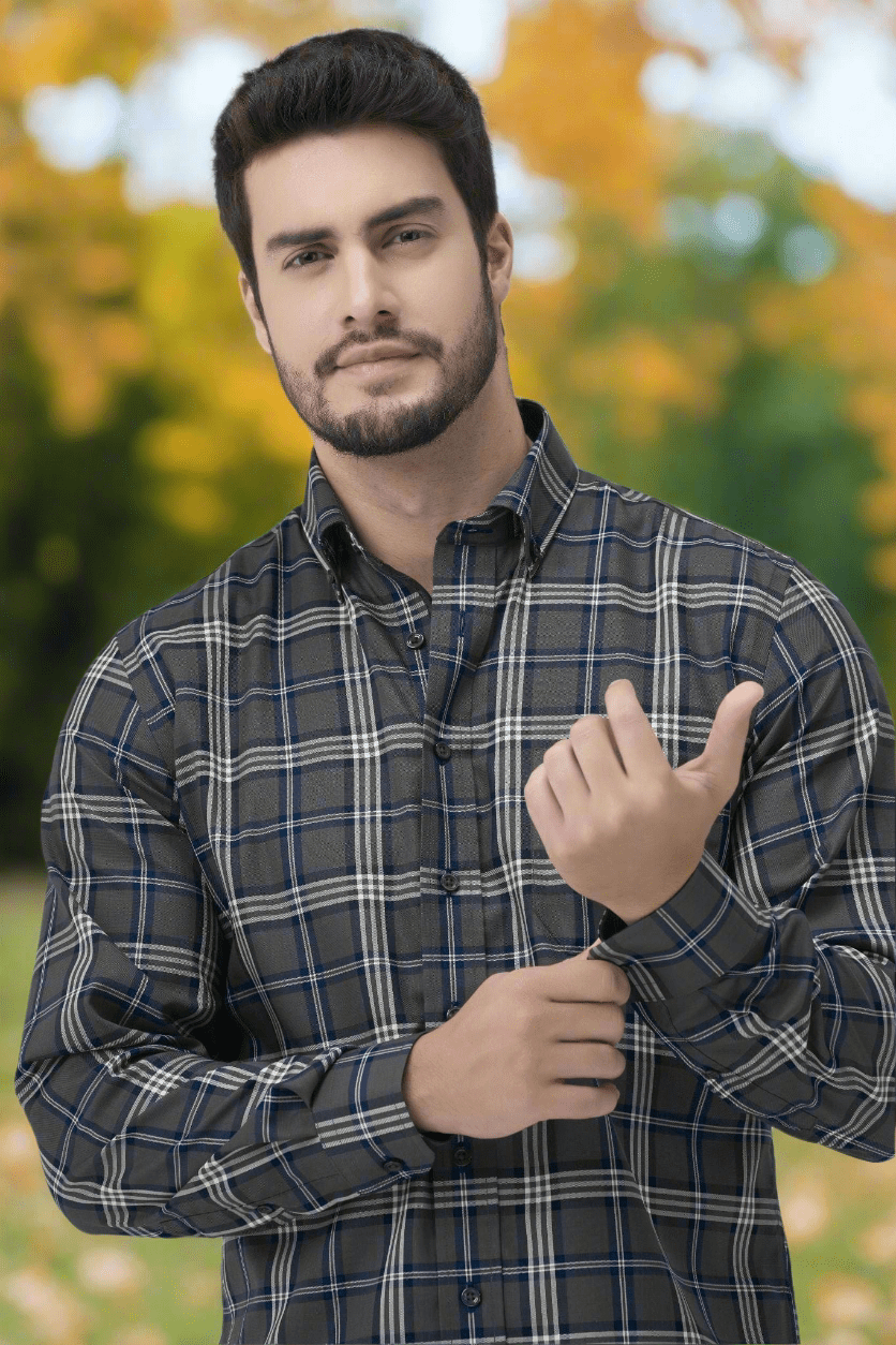 Leo Chevalier Design Grey Check Men's Long Sleeve Casual Button Down Regular Fit Shirt