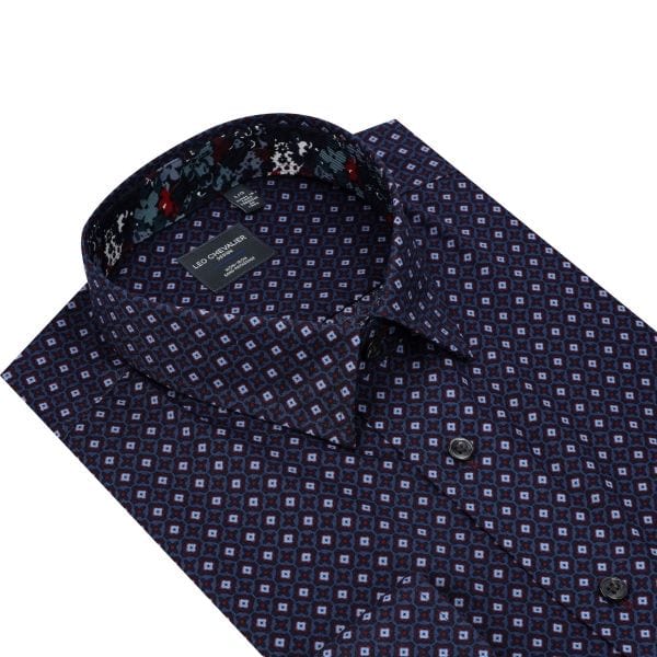 Leo Chevalier Design Classic Navy Shirt with White Diamond Print Long Sleeve 100% Cotton