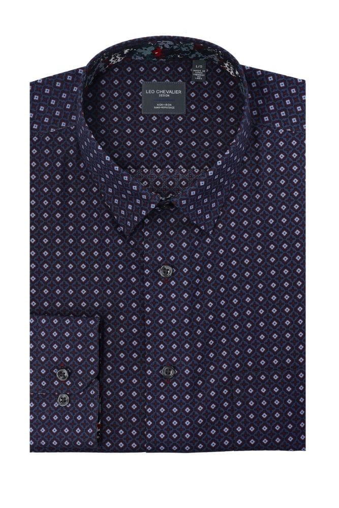 Leo Chevalier Design Classic Navy Shirt with White Diamond Print Long Sleeve 100% Cotton