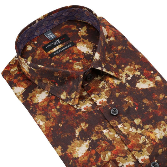 Leo Chevalier Design Fall Printed Dark Copper Long Sleeve Hidden Button Slim Fit Shirt