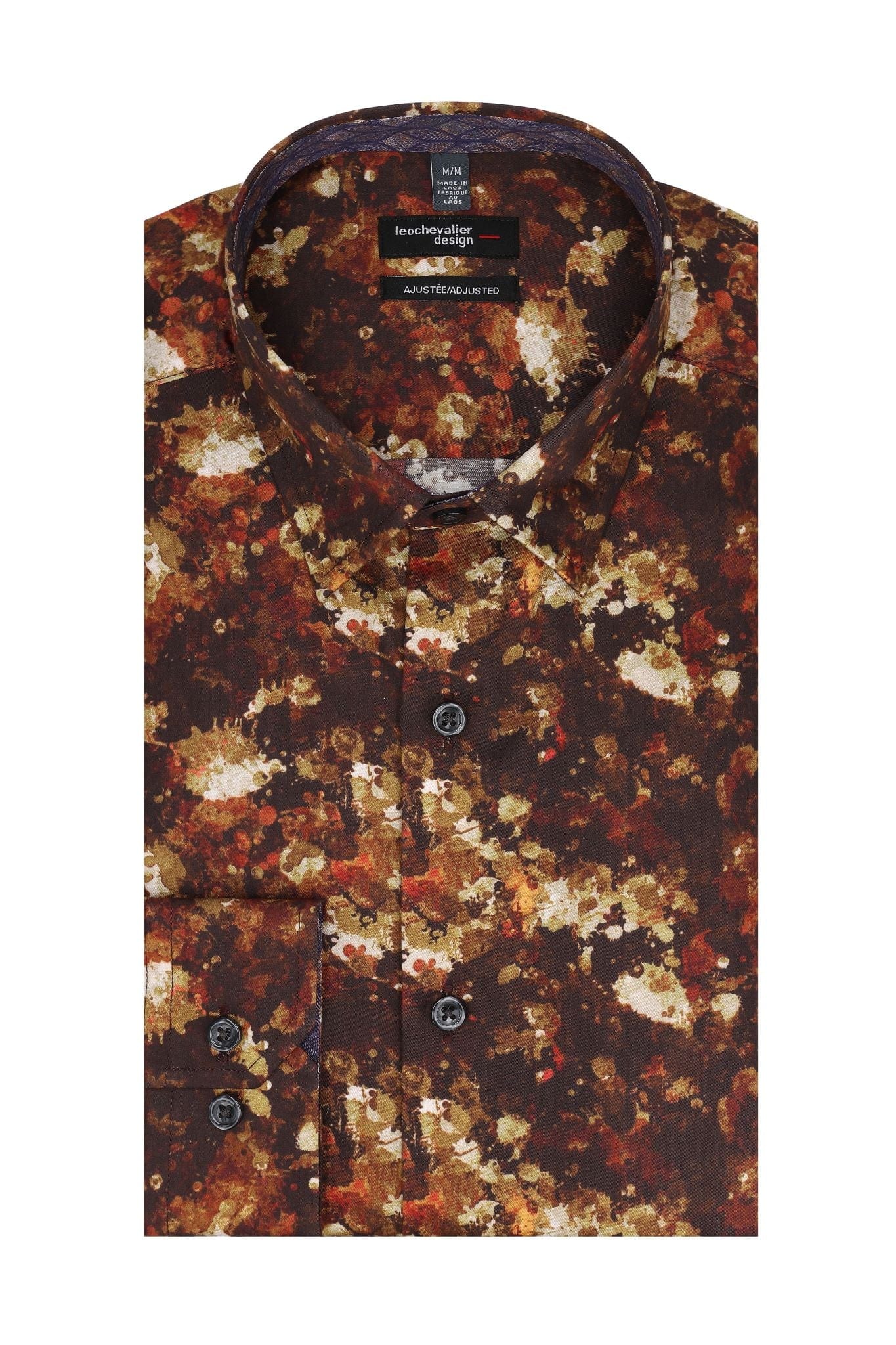 Leo Chevalier Design Fall Printed Dark Copper Long Sleeve Hidden Button Slim Fit Shirt