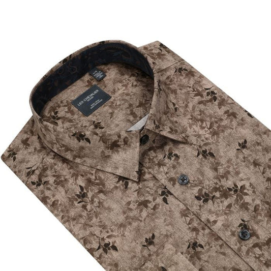 Leo Chevalier Design Elegant Oak Leaf Print Shirt, Earth Tones 100% Cotton Non-Iron Long Sleeve