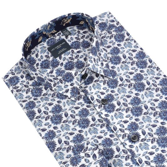 Leo Chevalier Design White with Bold Floral Blue Prints Cotton Long Sleeve Shirt