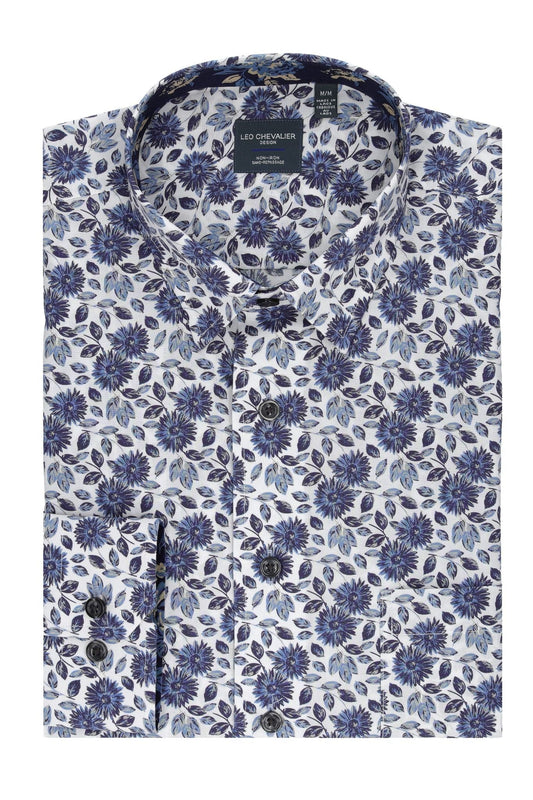 Leo Chevalier Design White with Bold Floral Blue Prints Cotton Long Sleeve Shirt