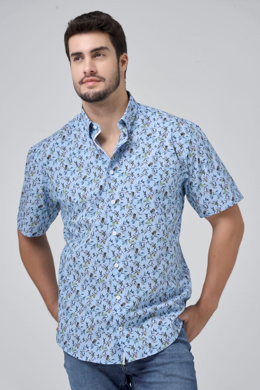 Leo Chevalier Design Light Blue Fruit Print Men's Cotton Hidden Button-Down Shirt