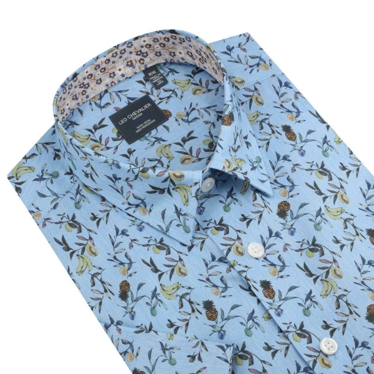 Leo Chevalier Design Light Blue Fruit Print Men's Cotton Hidden Button-Down Shirt