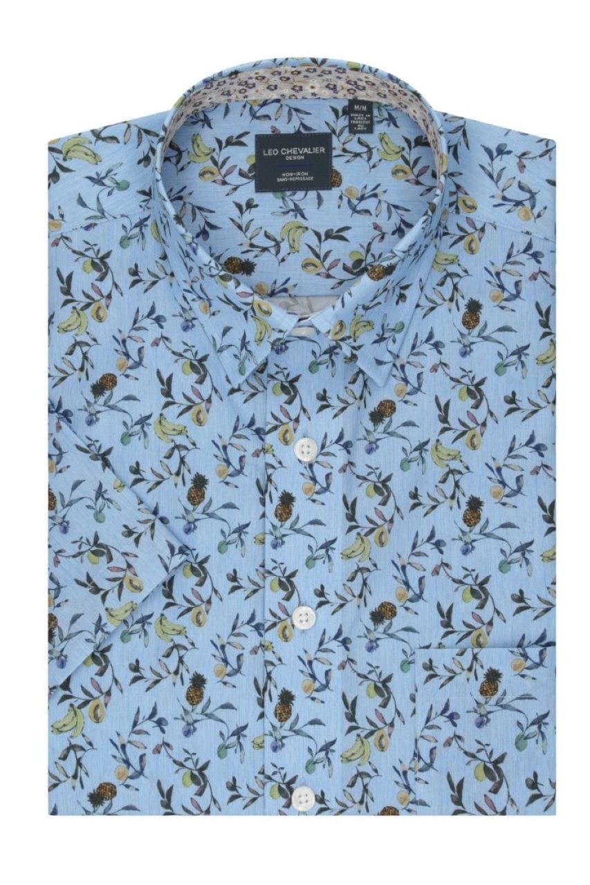 Leo Chevalier Design Light Blue Fruit Print Men's Cotton Hidden Button-Down Shirt