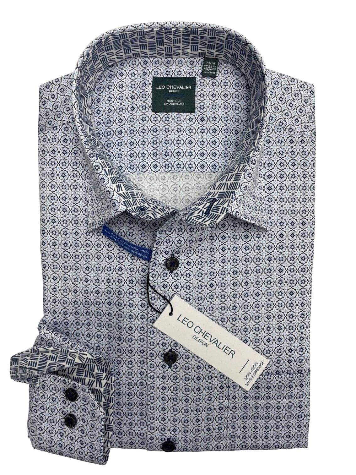 Leo Chevalier Design Light Blue Print Leo Chevalier Cotton Hidden Button Down Collar Long Sleeve Shirts