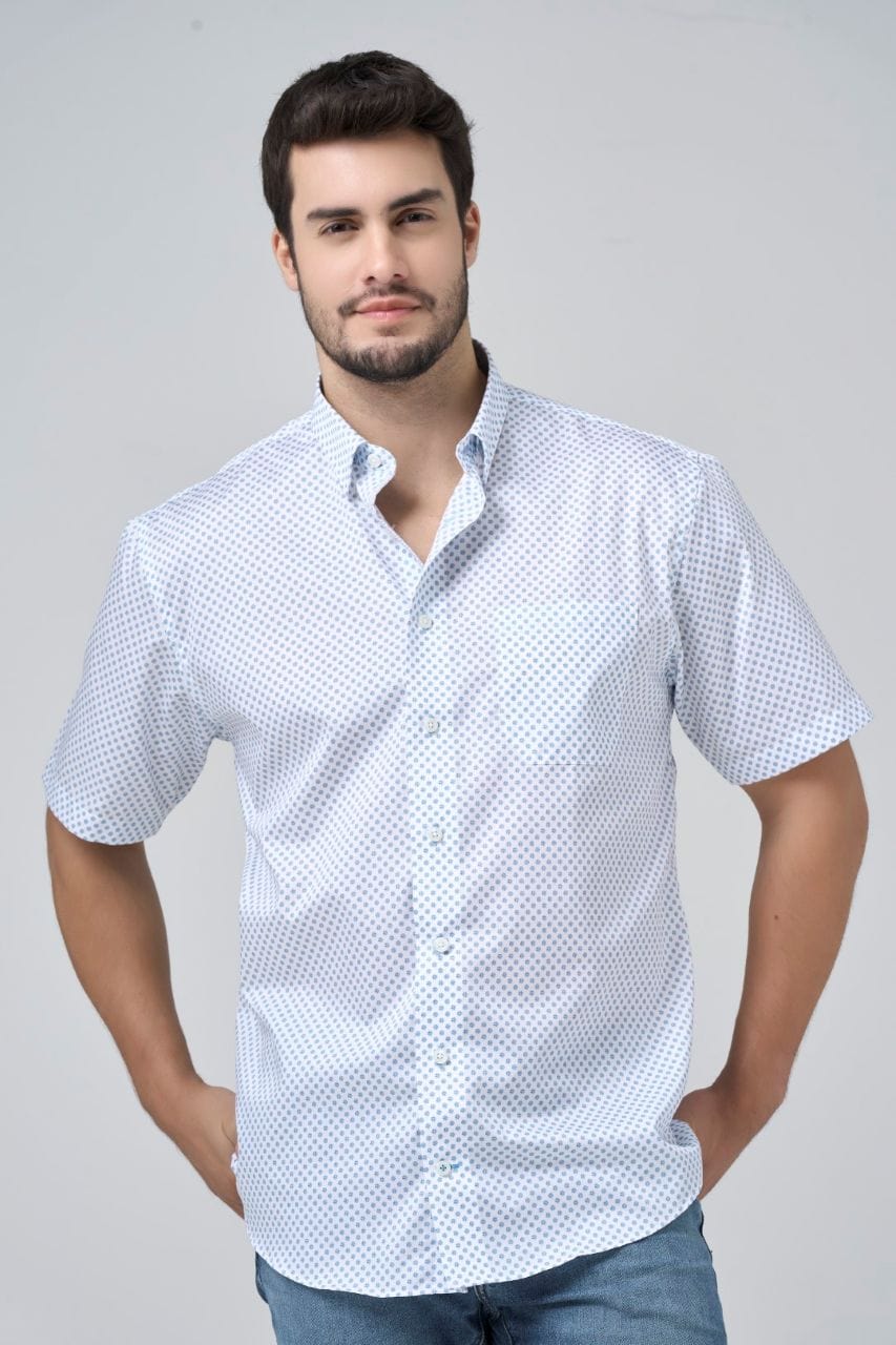 Leo Chevalier Design Lt Blue Polka Dot Print Men's Hidden Button-Down Short Sleeve Shirt