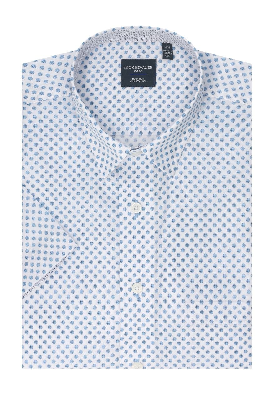 Leo Chevalier Design Lt Blue Polka Dot Print Men's Hidden Button-Down Short Sleeve Shirt