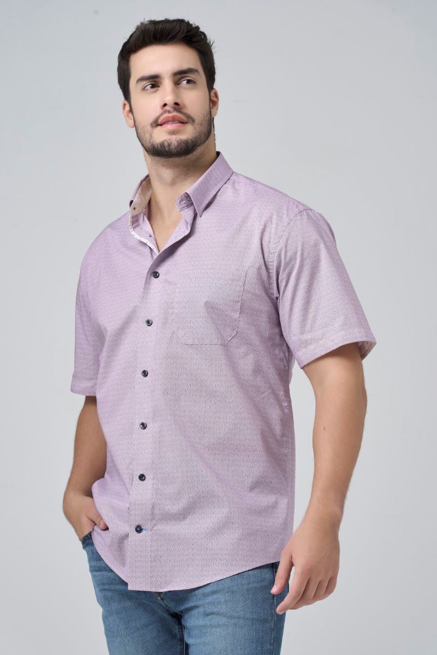 Leo Chevalier Design Mauve Modern Print Men's Cotton Hidden Button-Down Short Sleeve Shirt