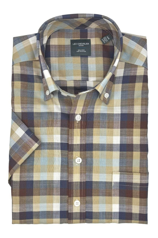 Leo Chevalier Design Blue Multi Colored Plaid Short Sleeve Button-Down for Men