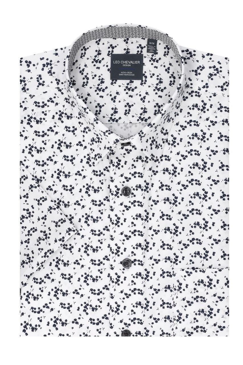 Leo Chevalier Design Black Print on White Hidden Button-Down Cotton Short Sleeve Shirt
