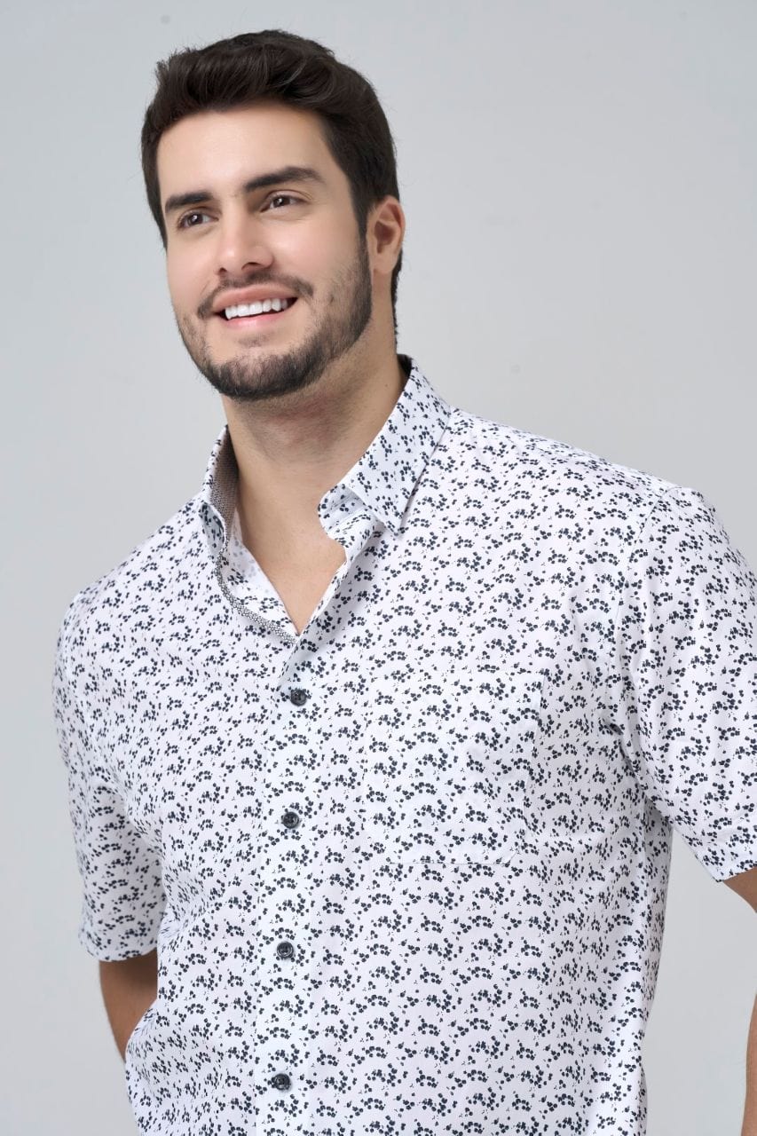 Leo Chevalier Design Black Print on White Hidden Button-Down Cotton Short Sleeve Shirt