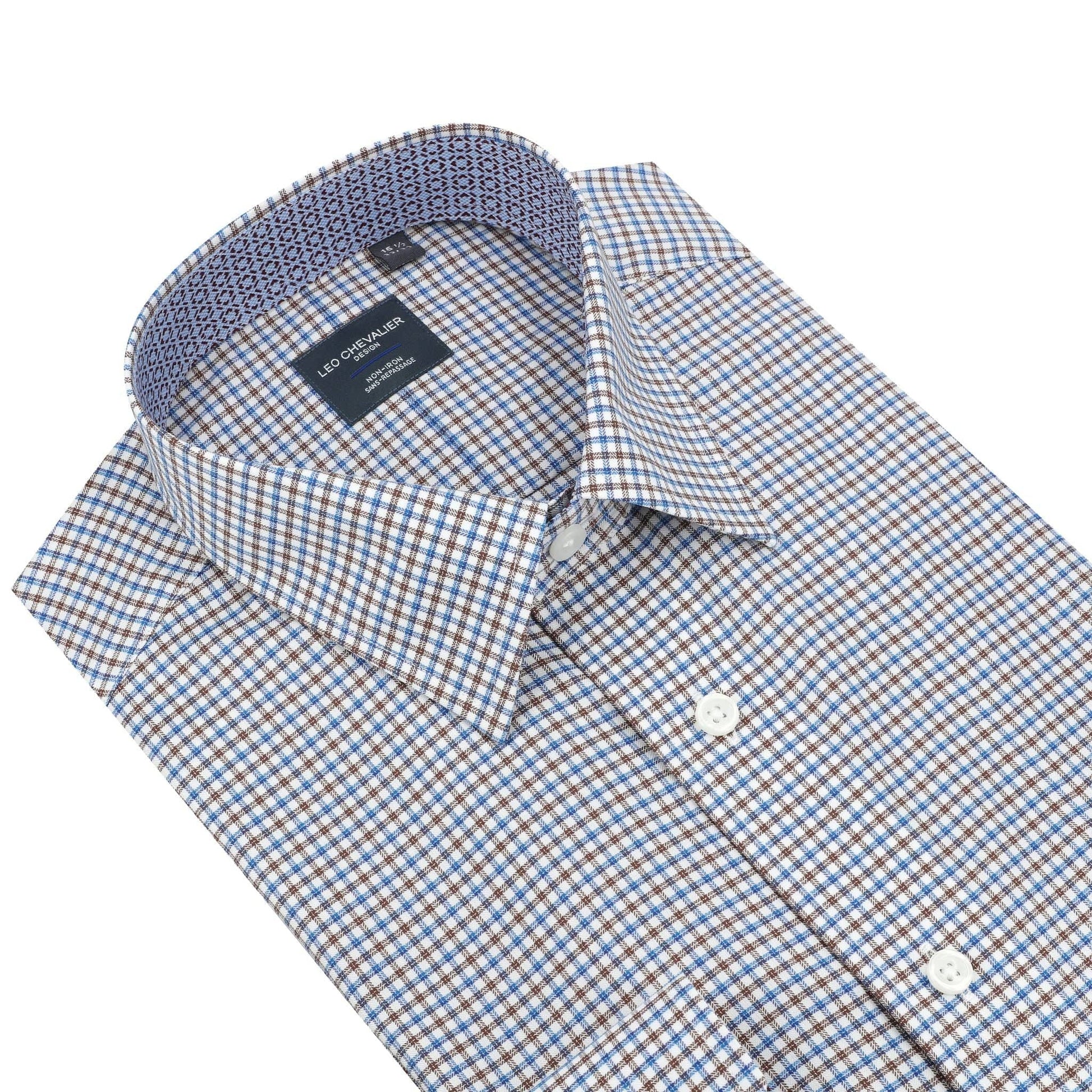 Leo Chevalier Design Stylish Sand Blue Check Slim Fit Non-Iron 100% Cotton Dress Shirt