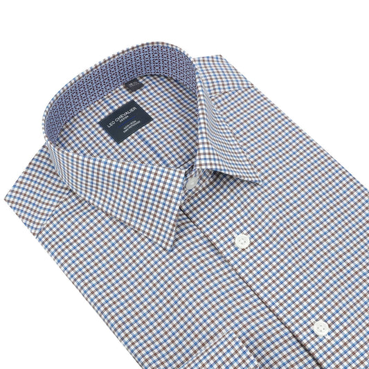 Leo Chevalier Design Stylish Sand Blue Check Slim Fit Non-Iron 100% Cotton Dress Shirt