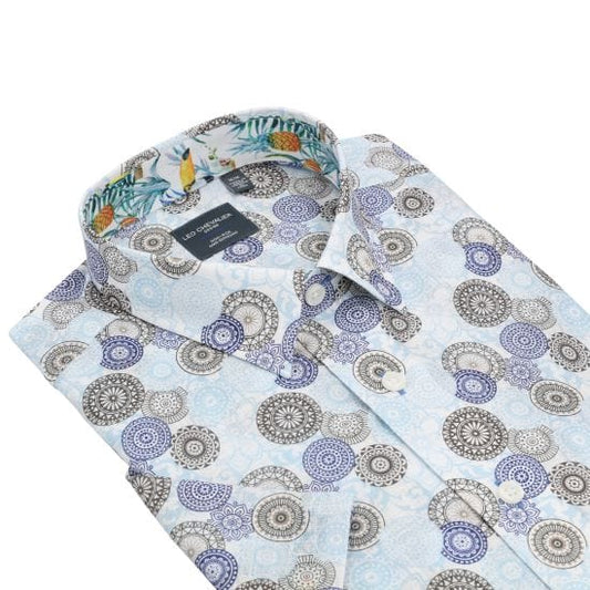 Leo Chevalier Design Sky Blue Modern Print Men's Cotton Short Sleeve Shirt