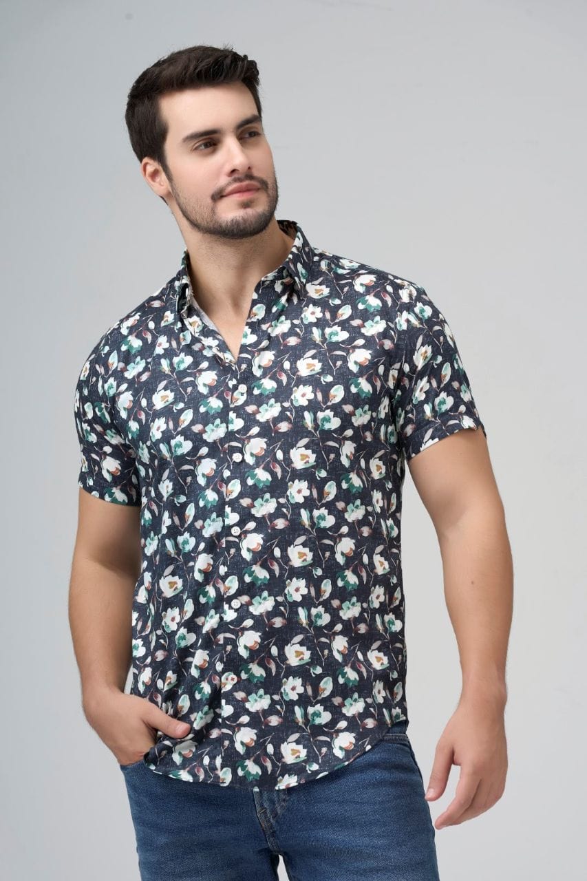 Leo Chevalier Design Navy Floral Men's Cotton Short Sleeve Shirt