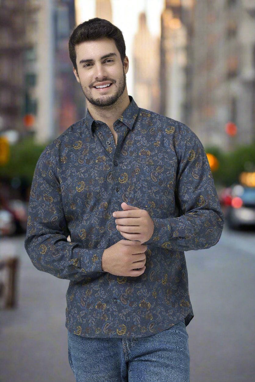 Navy Paisley Long Sleeve Men's Hidden Button Down Shirt