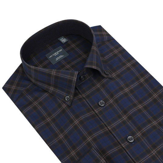 Leo Chevalier Design Cotton Navy Plaid Men's Button Down Long Sleeve Shirt