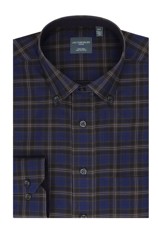 Leo Chevalier Design Cotton Navy Plaid Men's Button Down Long Sleeve Shirt