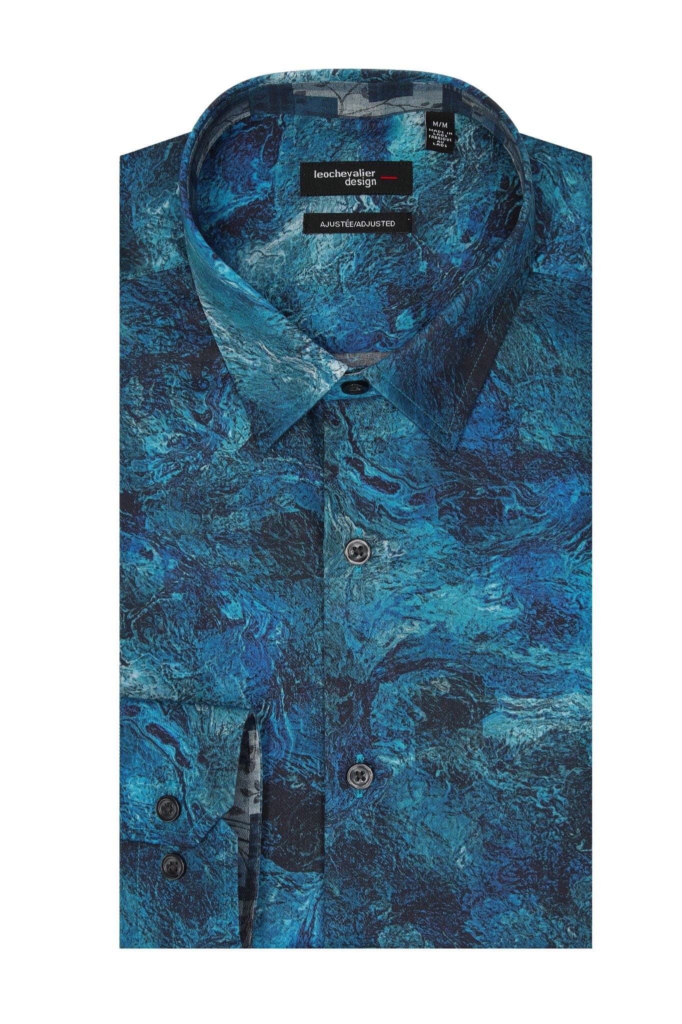 Leo Chevalier Design Navy Print Long Sleeve Men's Hidden Button-Down Shirt – Leo Chevalier