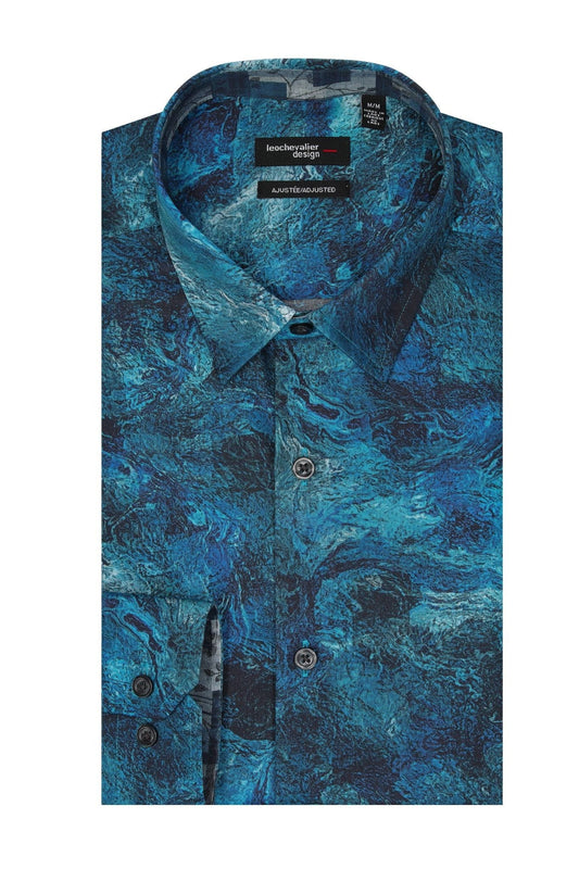 Leo Chevalier Design Navy Print Long Sleeve Men's Hidden Button-Down Shirt – Leo Chevalier