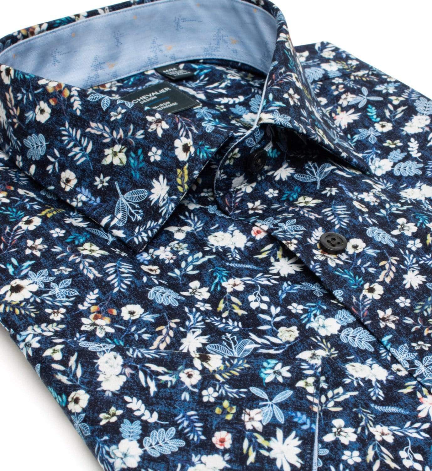 Leo Chevalier Design Sale Navy Printed Cotton Non Iron Short Sleeve Sport Shirts by Leo Chevalier