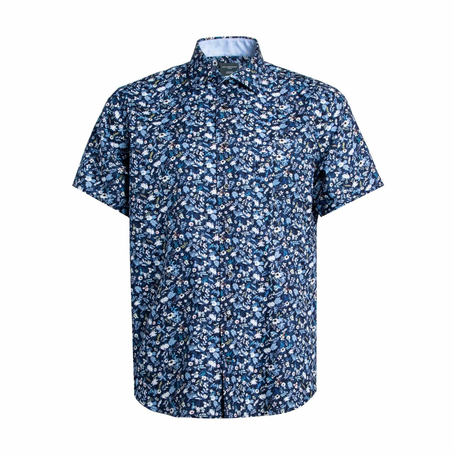Leo Chevalier Design Sale Navy Printed Cotton Non Iron Short Sleeve Sport Shirts by Leo Chevalier