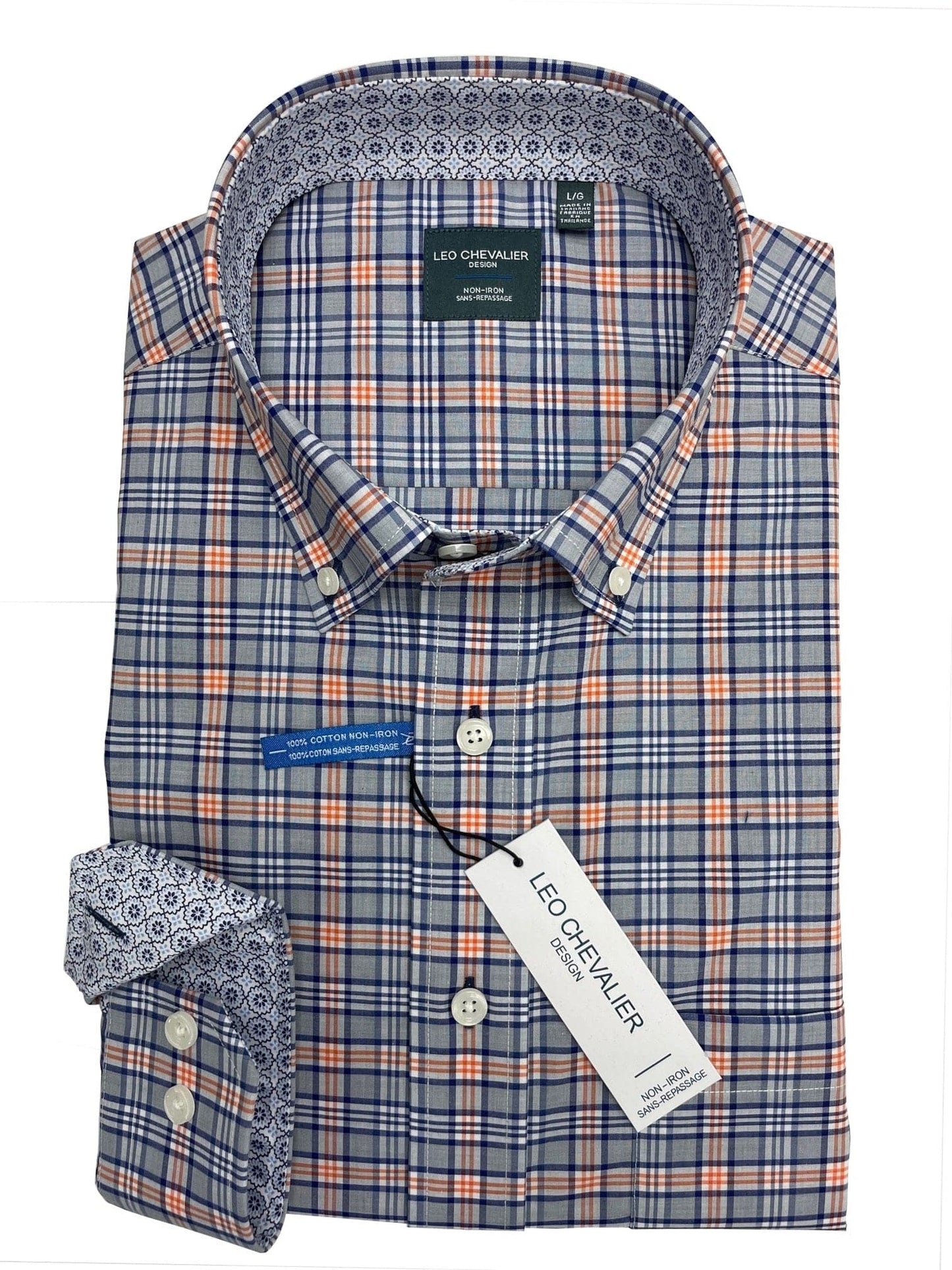 Leo Chevalier Design Orange Blue Check Leo Chevalier Cotton Button Down Collar Long Sleeve Shirts