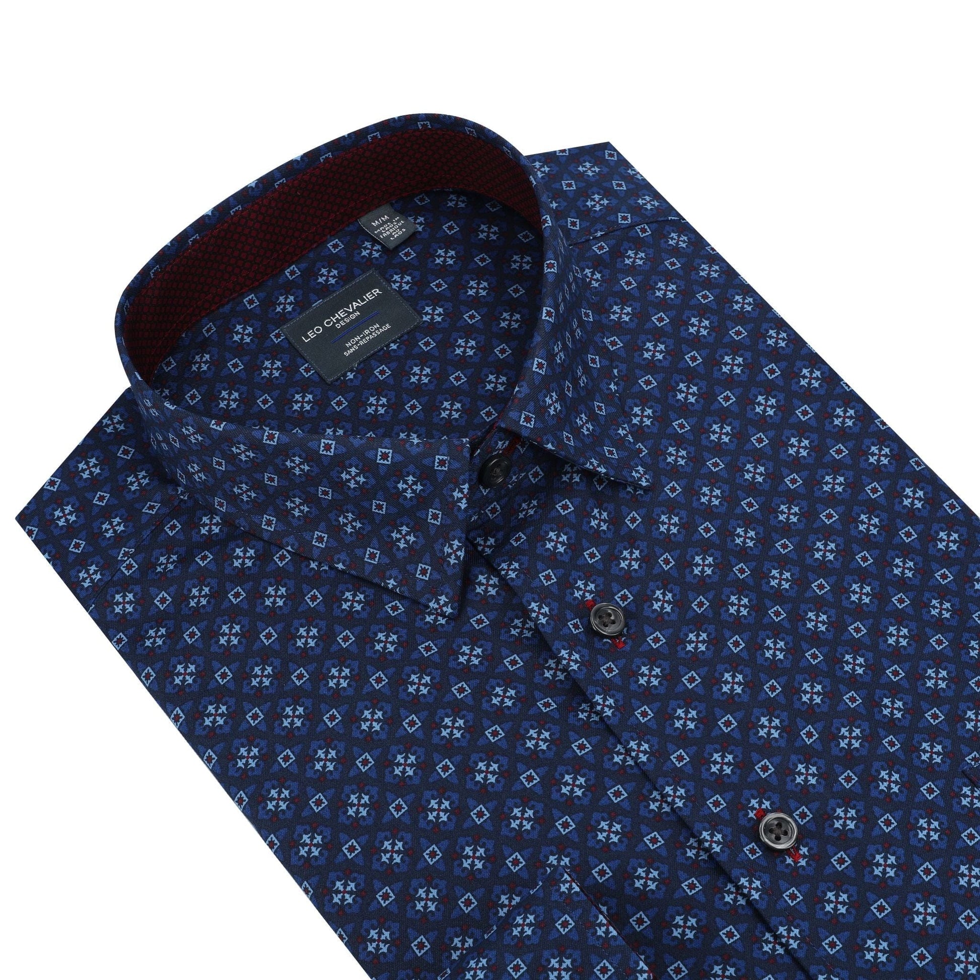 Leo Chevalier Design Navy Wine Print Men's Casual Hidden Button Down Shirt