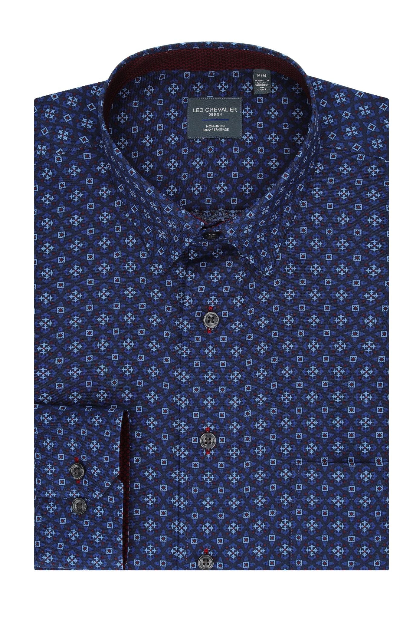 Leo Chevalier Design Navy Wine Print Men's Casual Hidden Button Down Shirt