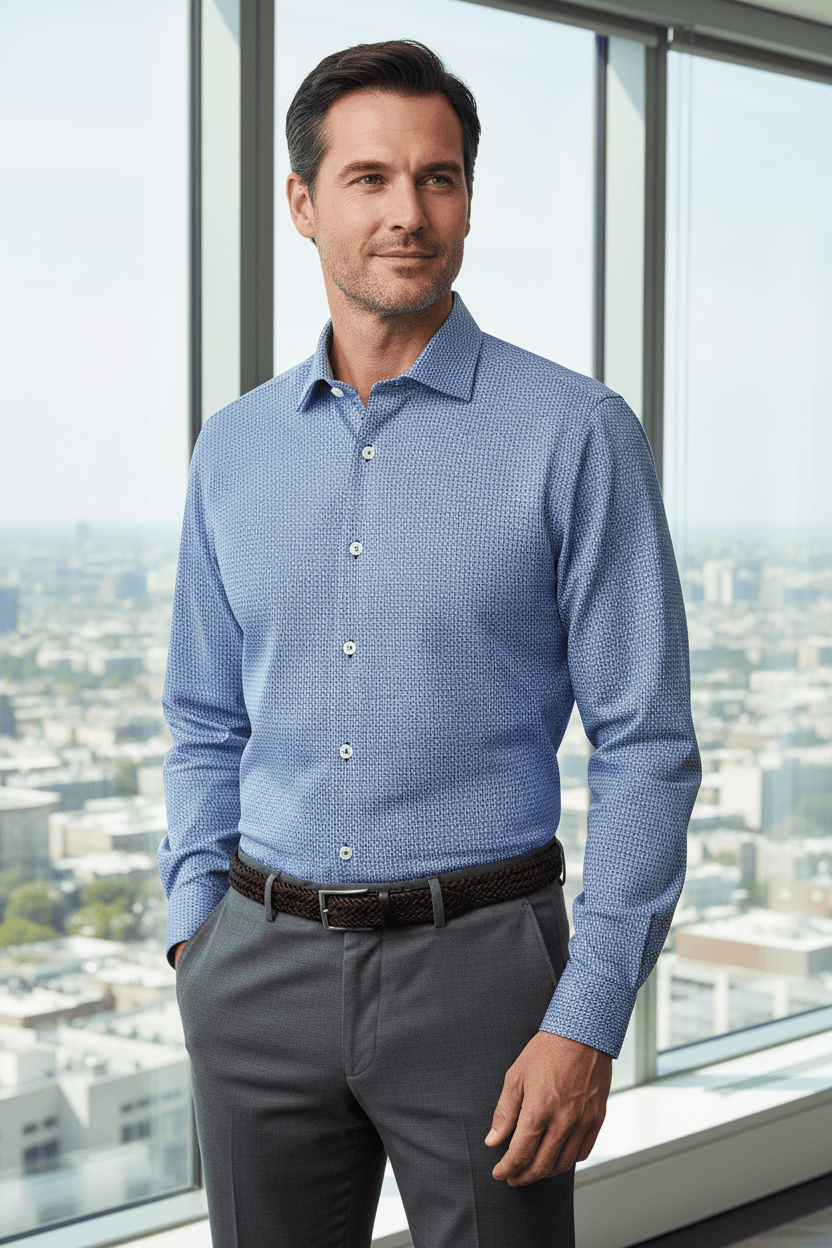 Premium Non-Iron Blue Print Dress Shirts for Men by Leo Chevalier