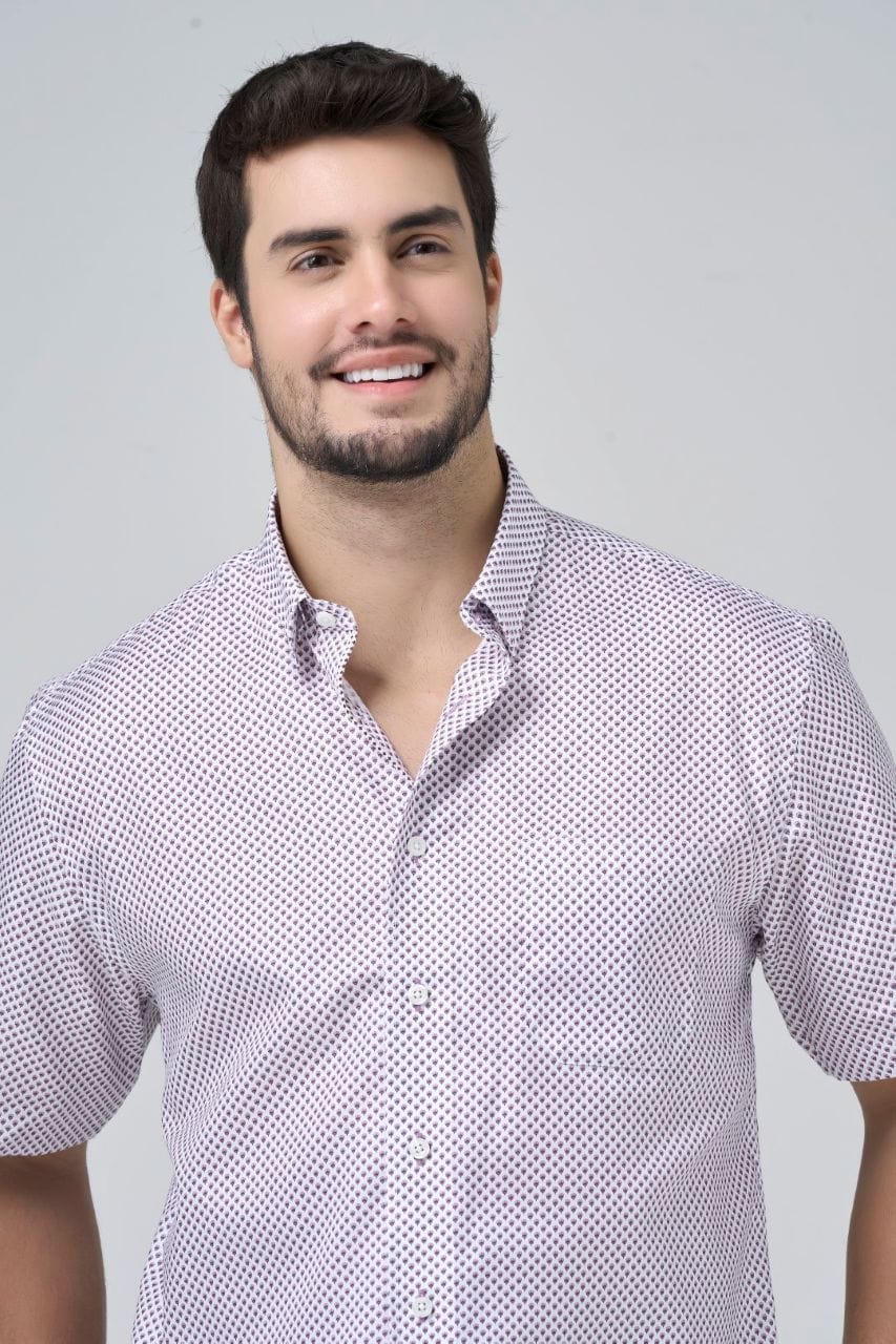 Leo Chevalier Design Rose Print Men's Hidden Button-Down Cotton Short Sleeve Shirt