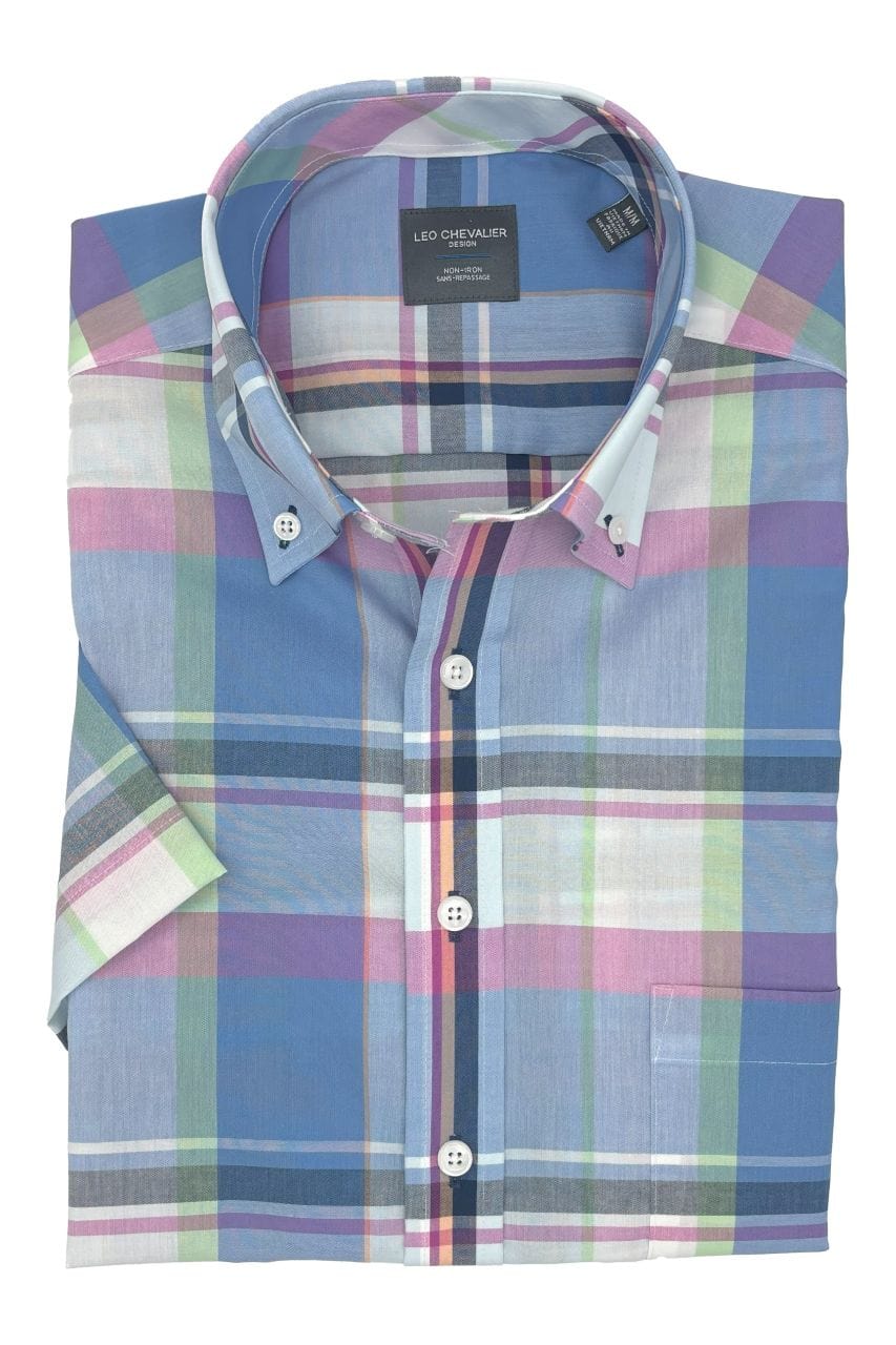 Leo Chevalier Design Blue Multi Colored Plaid Men's Cotton Short Sleeve Shirt