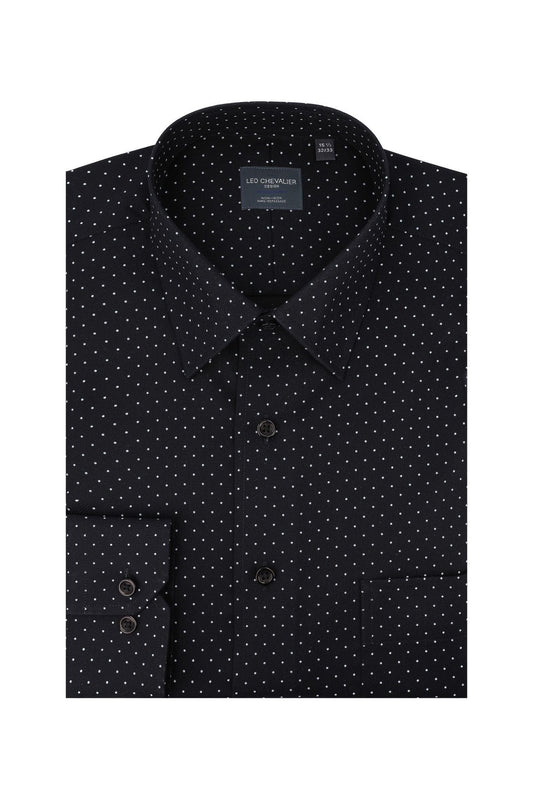 Leo Chevalier Design Black With Fine White Print Stylish Regular Fit Dress Shirt