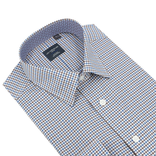 Leo Chevalier Design Stylish Sand and Blue Check Dress Shirt – Men's Patterned Design