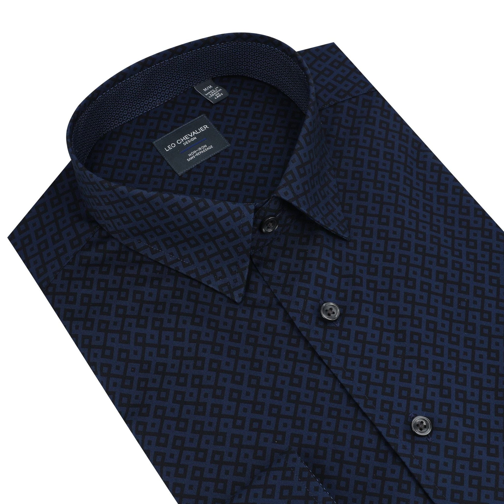 Leo Chevalier Design Navy Diamond Print Long Sleeve Sport Shirt