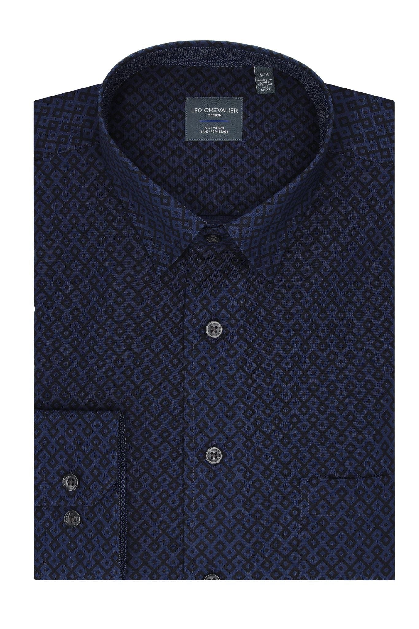 Leo Chevalier Design Navy Diamond Print Long Sleeve Sport Shirt