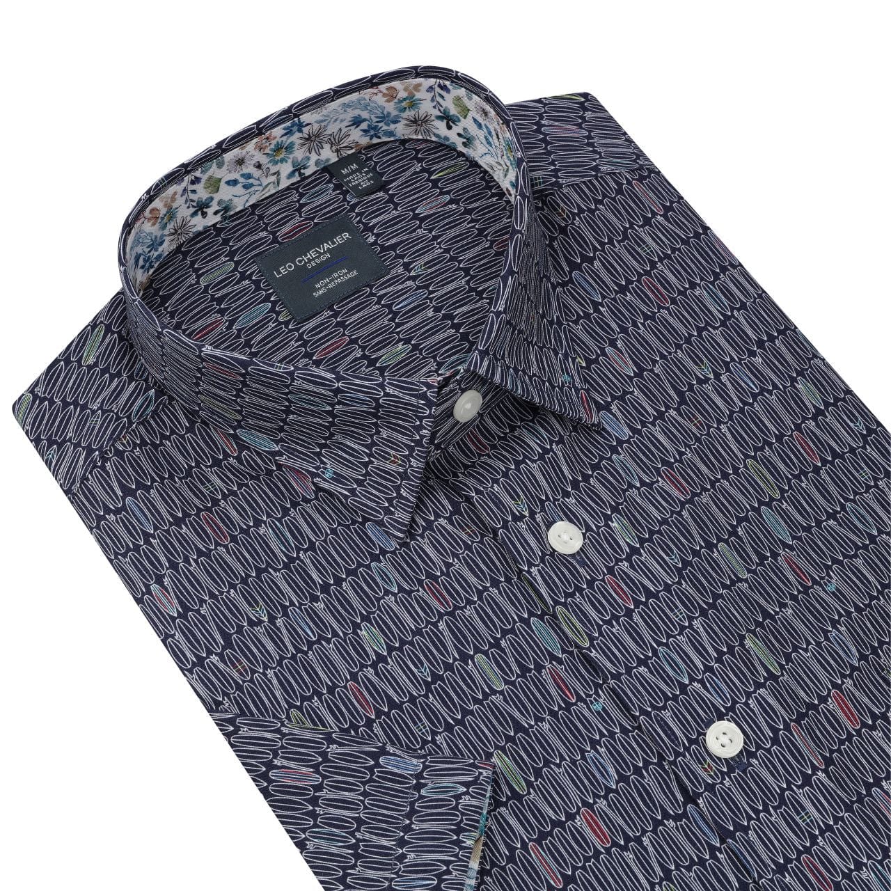 Leo Chevalier Design Surfs Up Navy Print Men's Hidden Button-Down Short Sleeve Shirt