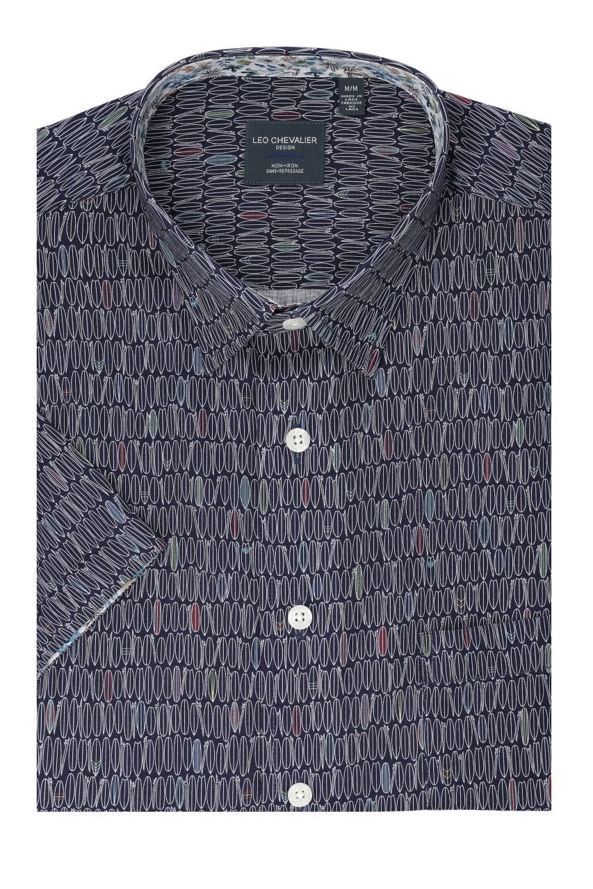 Leo Chevalier Design Surfs Up Navy Print Men's Hidden Button-Down Short Sleeve Shirt