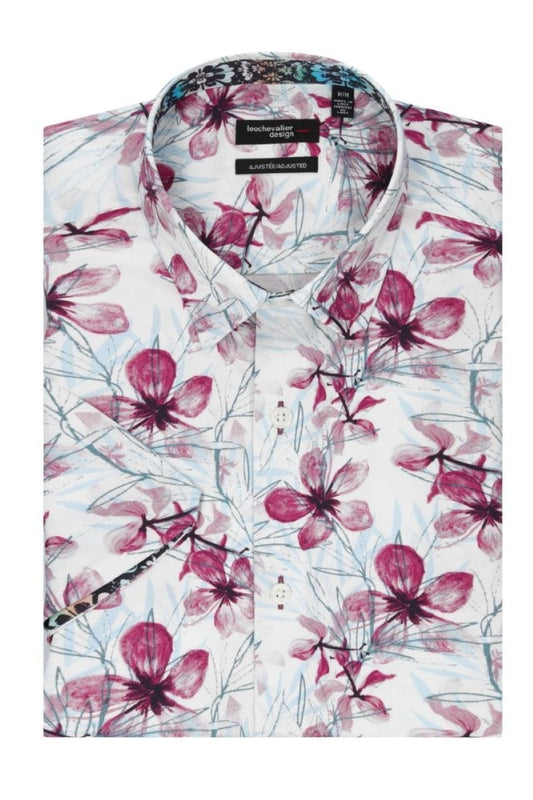 Leo Chevalier Design White Multi Wine Floral Men's Casual Short Sleeve Shirt
