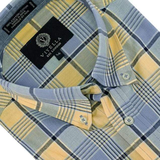Viyella Viyella Canary Plaid Madras Cotton Button Down Short Sleeve Shirts