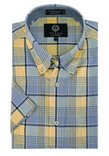 Viyella Viyella Canary Plaid Madras Cotton Button Down Short Sleeve Shirts