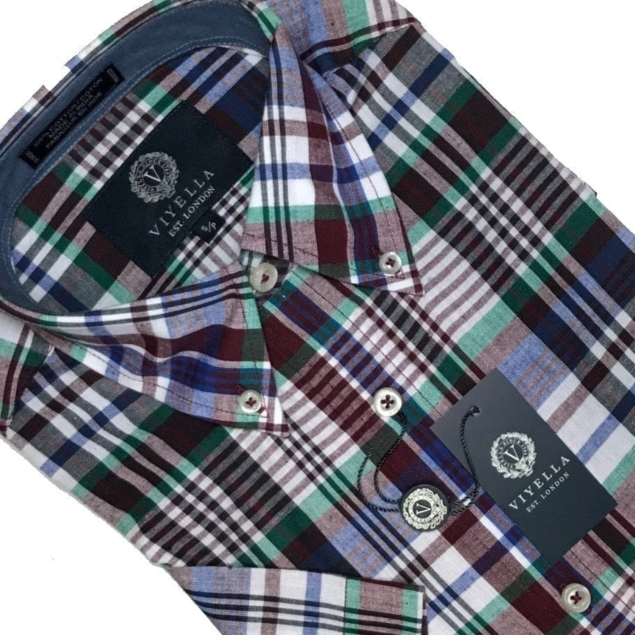 Viyella Viyella Port Plaid Madras Cotton Button Down Short Sleeve Shirts