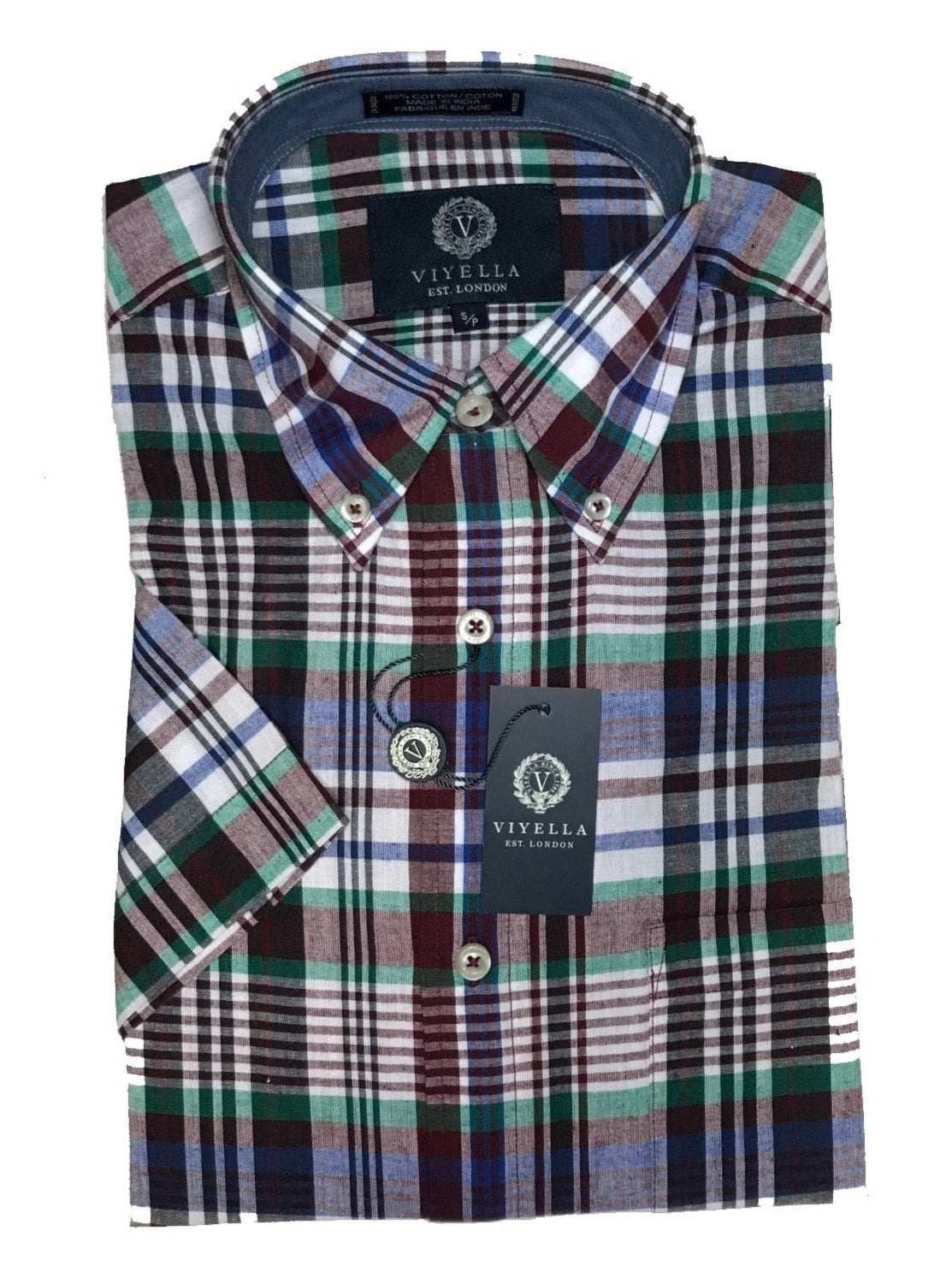 Viyella Viyella Port Plaid Madras Cotton Button Down Short Sleeve Shirts