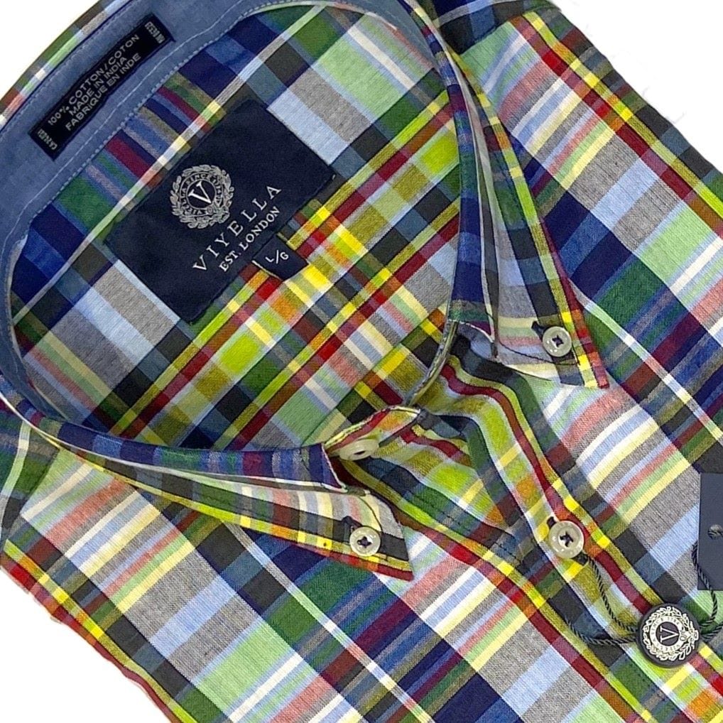 Viyella Brighten Up with Men's Madras Yellow Plaid Short Sleeve Button Down Shirts